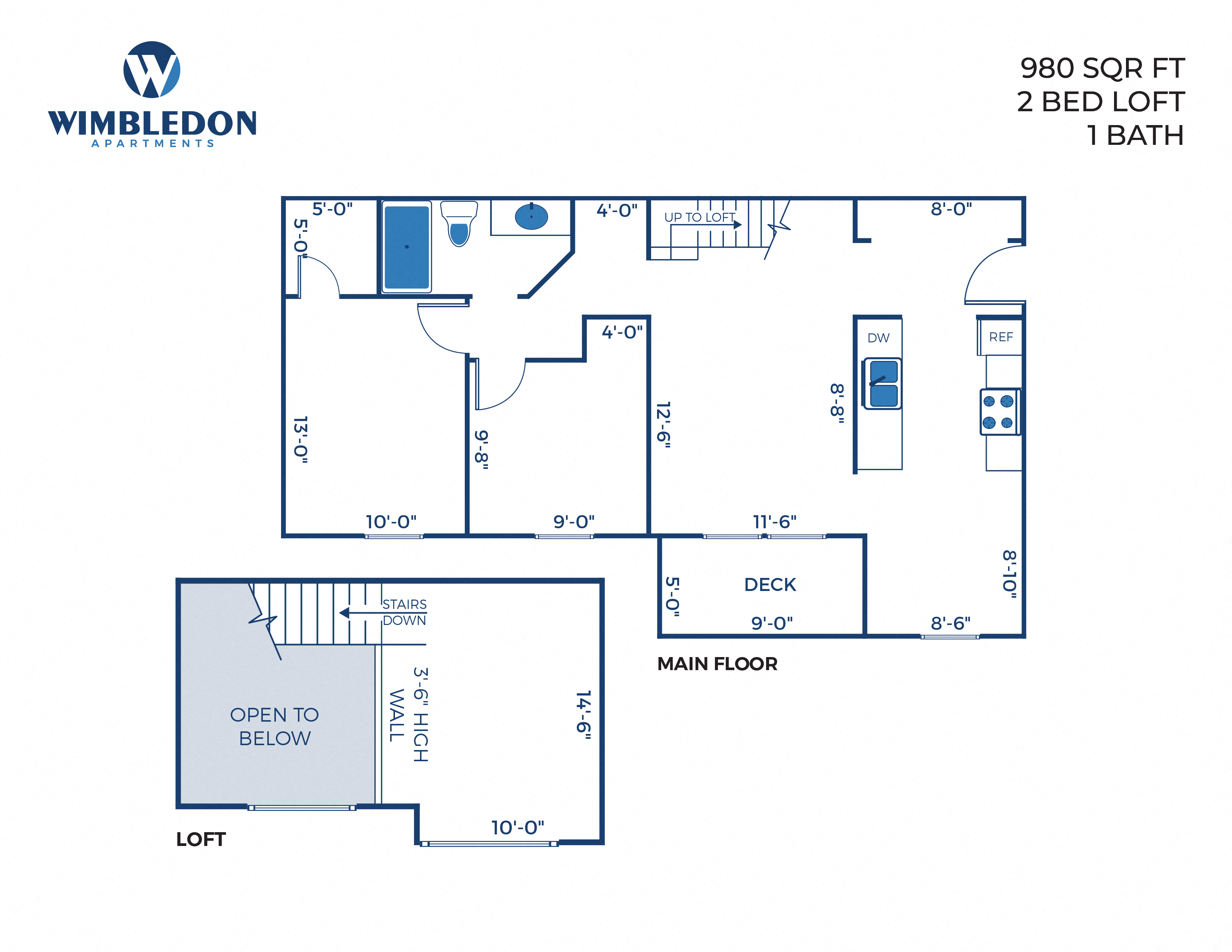 Floor plan for 2 beds, 1 bath, 980 sqft